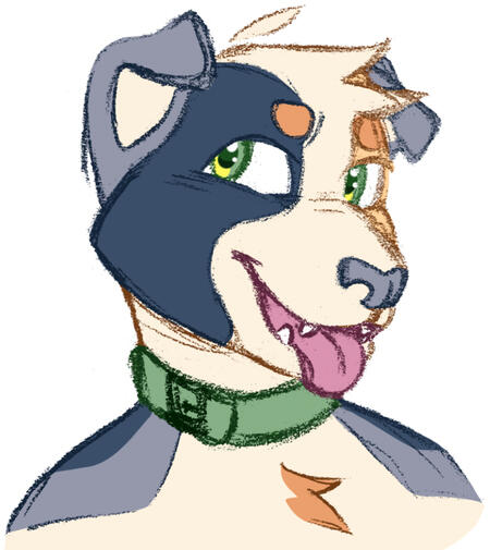 drawing of a blue, orange, and cream colored dog fursona with a green collar