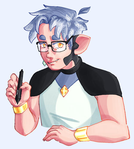 fully shaded bust drawing of birdgarlic, a white vtuber with blue hair holding a tablet pen