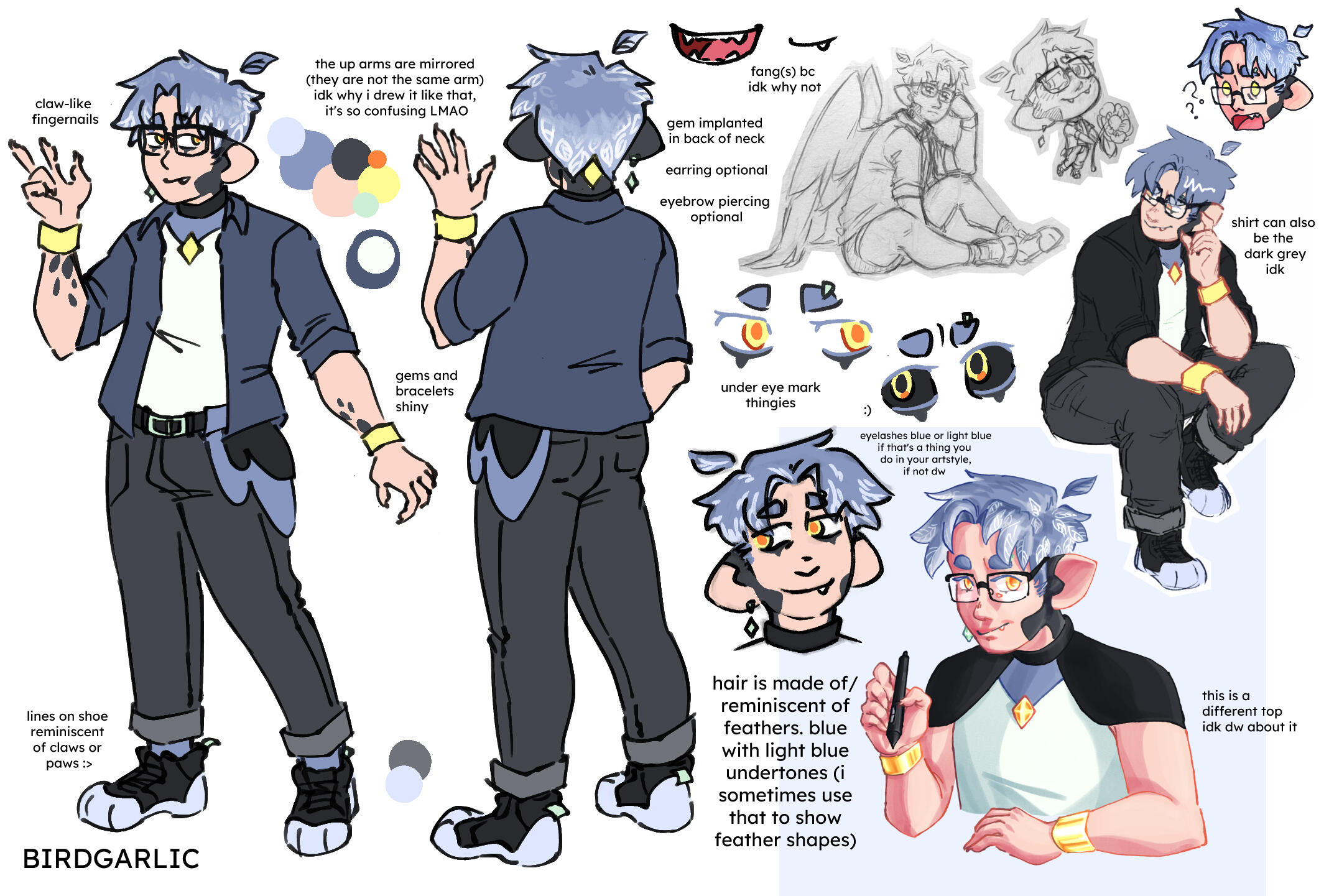 birdgarlic's vtuber ref sheet. He is a white masc humanoid wearing jeans and an open button-up.