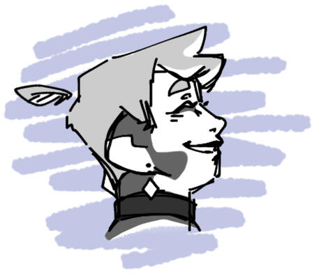 drawing of a blue, orange, and cream colored dog fursona with a green collar, he is staring with huge eyes